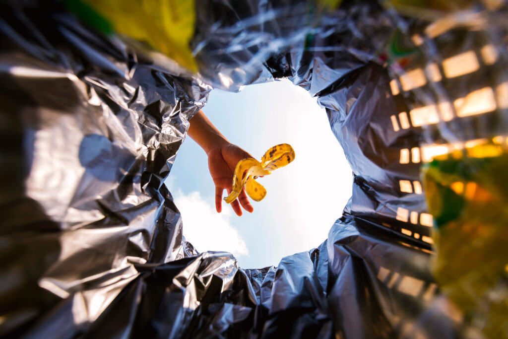 banana peel thrown into the recycle bin, we see it from inside the bin