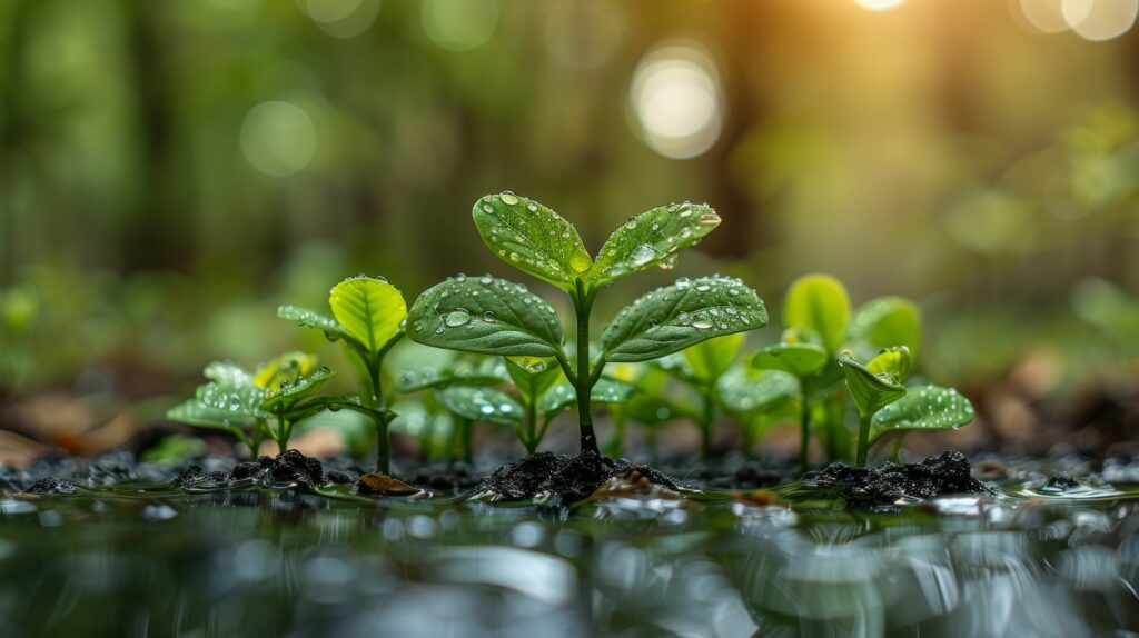 seedlings in the forest wet with rain